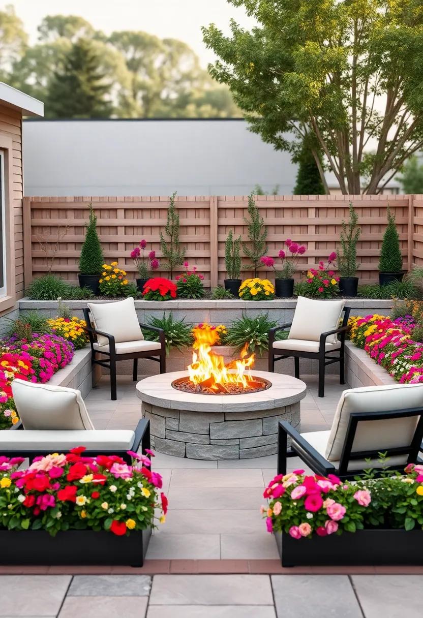 Incorporate a fire pit⁤ surrounded by ​vibrant flower beds, perfect for cozy​ evenings and a stunning visual centerpiece