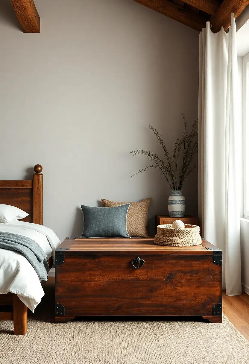 Rustic​ Chests: Use an old​ trunk ⁢or a⁣ wooden‍ chest at ​the foot of your bed for both functionality and‌ visual interest