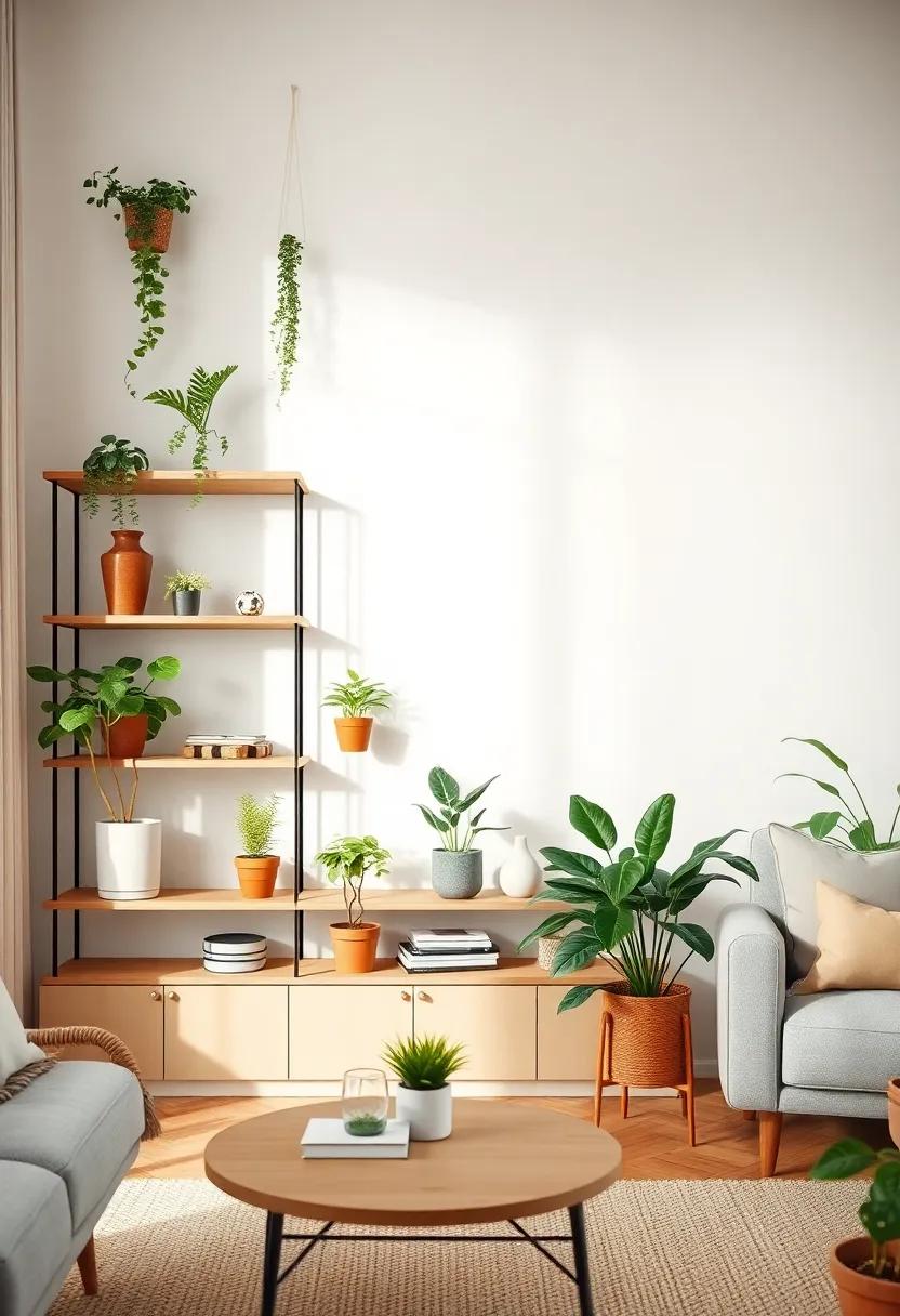 The Charm of Eclectic ‍Shelving in a Plant-Filled Living Room