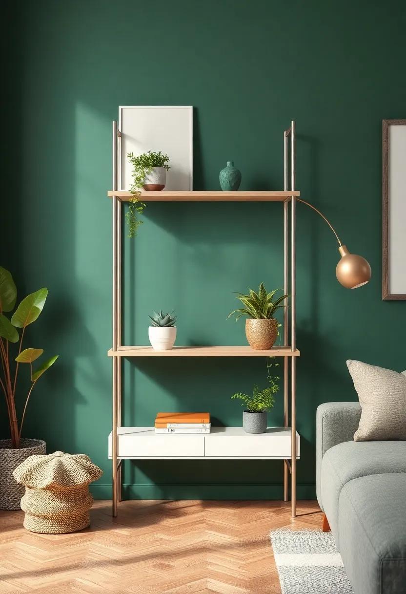 Incorporating Metallic Accents for a Modern Green Shelving Style