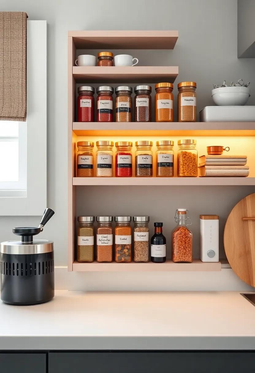 Vertical Spice Rack Surprises: Discover a chic and space-saving solution that elevates your small kitchen's organization with beautifully arranged spice jars tailor-made for easy access