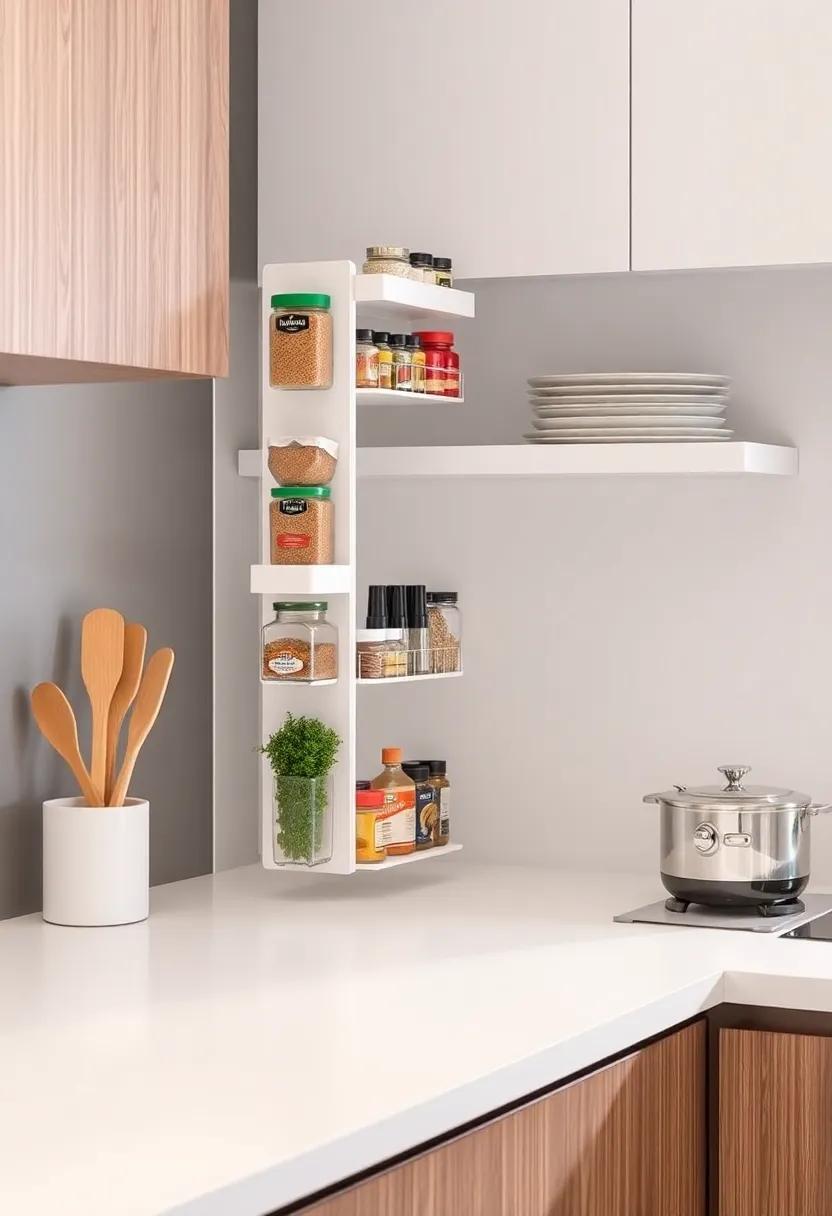 Clip-On Spice Organizers: Discover handy clip-on spice organizers designed for easy attachment to cabinets or shelves, providing extra vertical storage in a sleek design