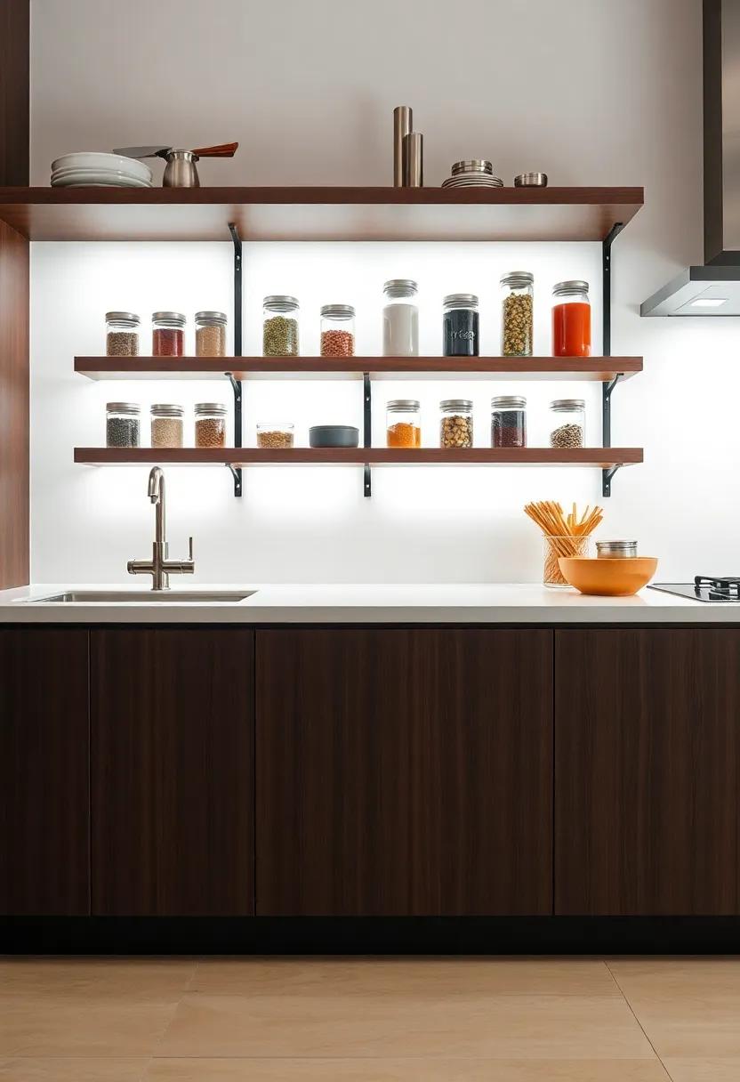 Glass Jar Displays: Marvel at unique kitchen designs featuring glass jars that showcase spices like art pieces, adding character while efficiently using vertical space