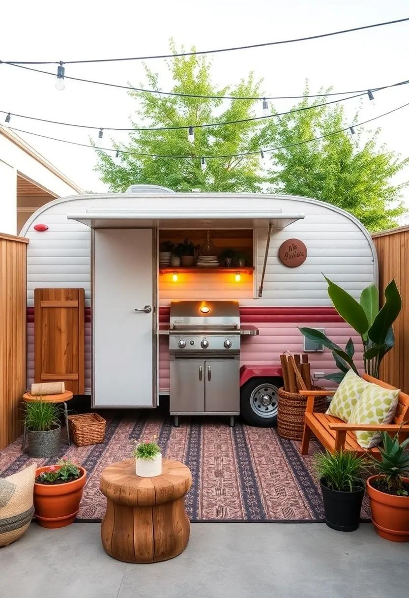 vintage Trailer and BBQ Combo: This quirky outdoor space features a vintage trailer and a built-in BBQ setup, creating a playful atmosphere perfect for entertaining and enjoying good food