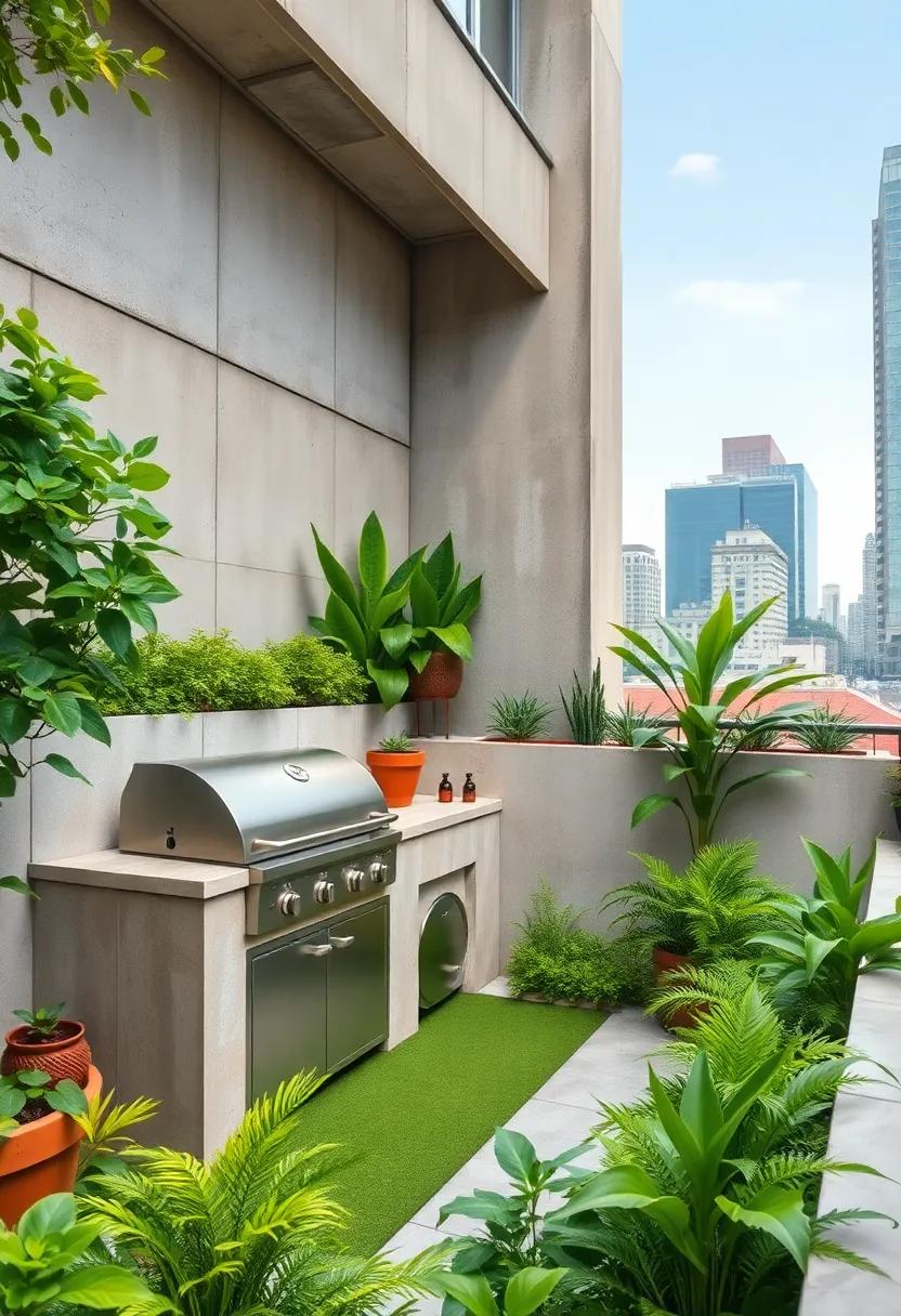Urban Concrete Jungle with a Green Oasis: Amidst city life, this small green space features a stylish BBQ setup bathed in vegetation, offering a refreshing escape for urban dwellers