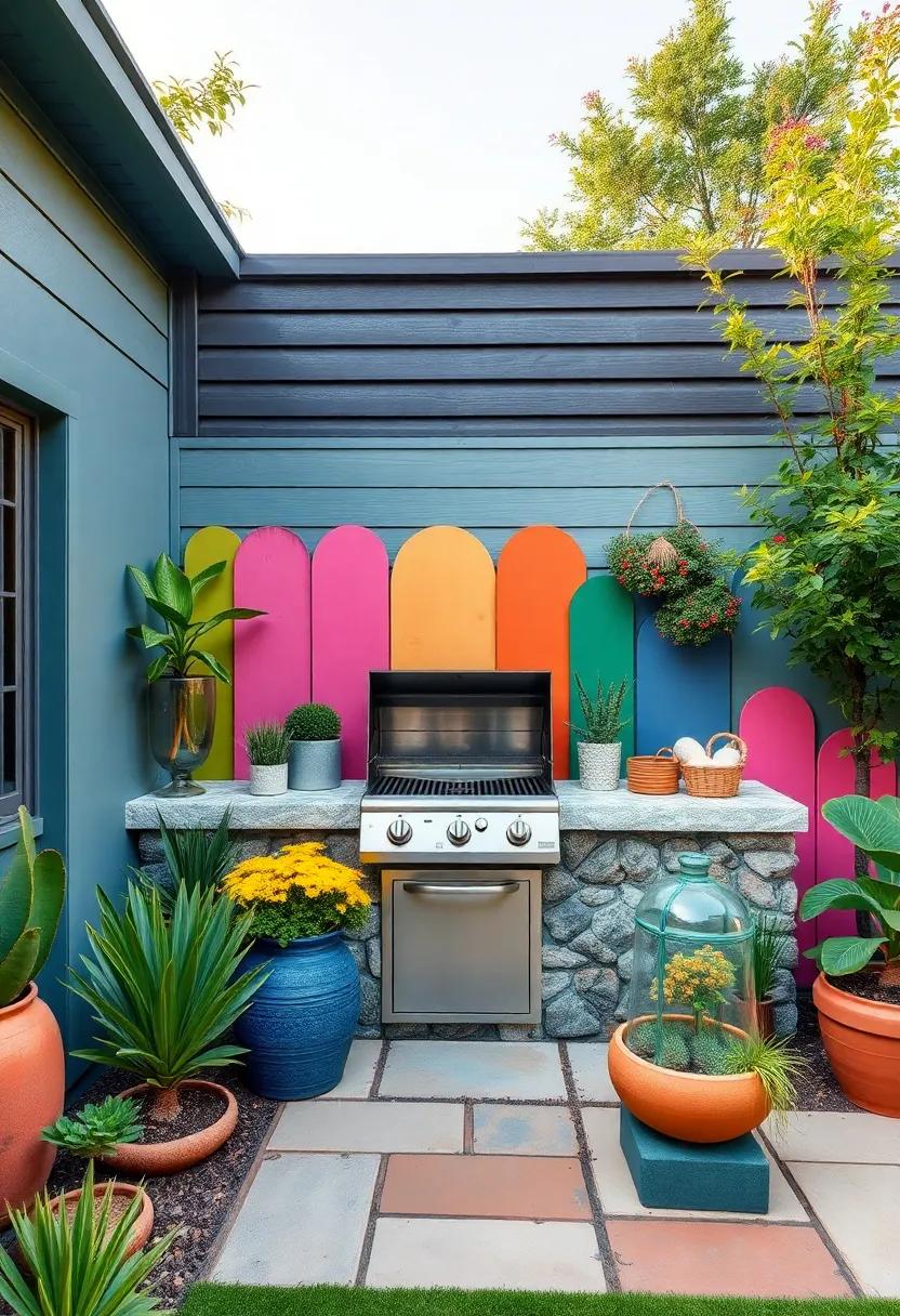 Whimsical backyard with a Creative Grill: This artistic garden features a uniquely designed BBQ station nestled among colorful installations, inspiring creativity while grilling up delicious meals