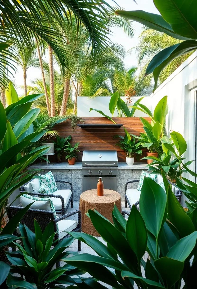 Tropical Escapade with a BBQ Oasis: In a lush tropical setting, this outdoor grilling area comes alive with exotic plants and cozy seating, offering an escape to paradise with every meal