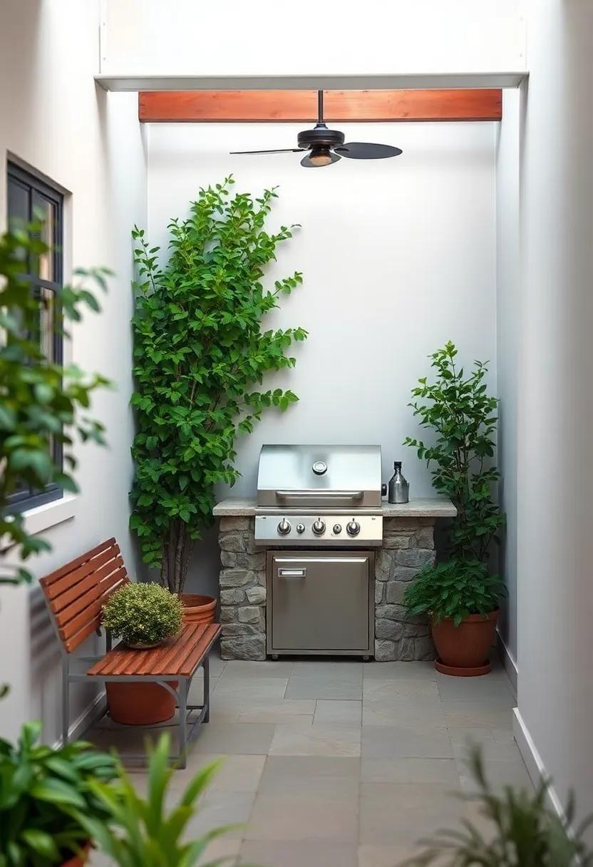 A Cozy Nook with a Built-in BBQ: This intimate outdoor space features a charming stone grill surrounded by lush greenery, perfect for a small family cookout or an evening with friends