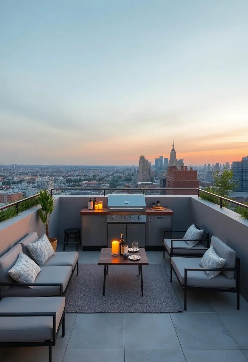 Rooftop Retreat with a Modern Grill: Elevated on a city rooftop, this compact BBQ station is complemented by sleek seating and breathtaking views, making it an ideal spot for sunset dinners