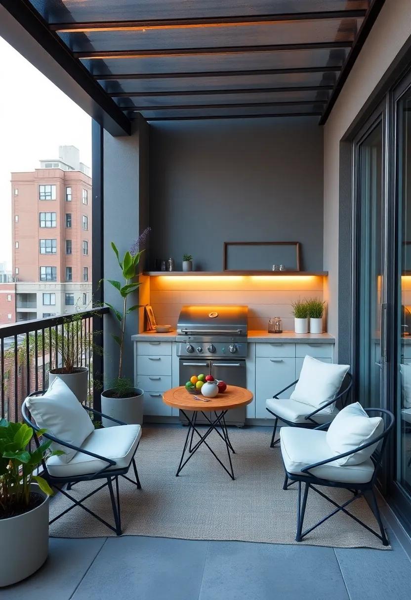 Urban Balcony Barbecue: Maximizing limited space, this stylish balcony showcases a minimalist BBQ space and cozy seating options, bringing the joys of outdoor cooking to apartment living