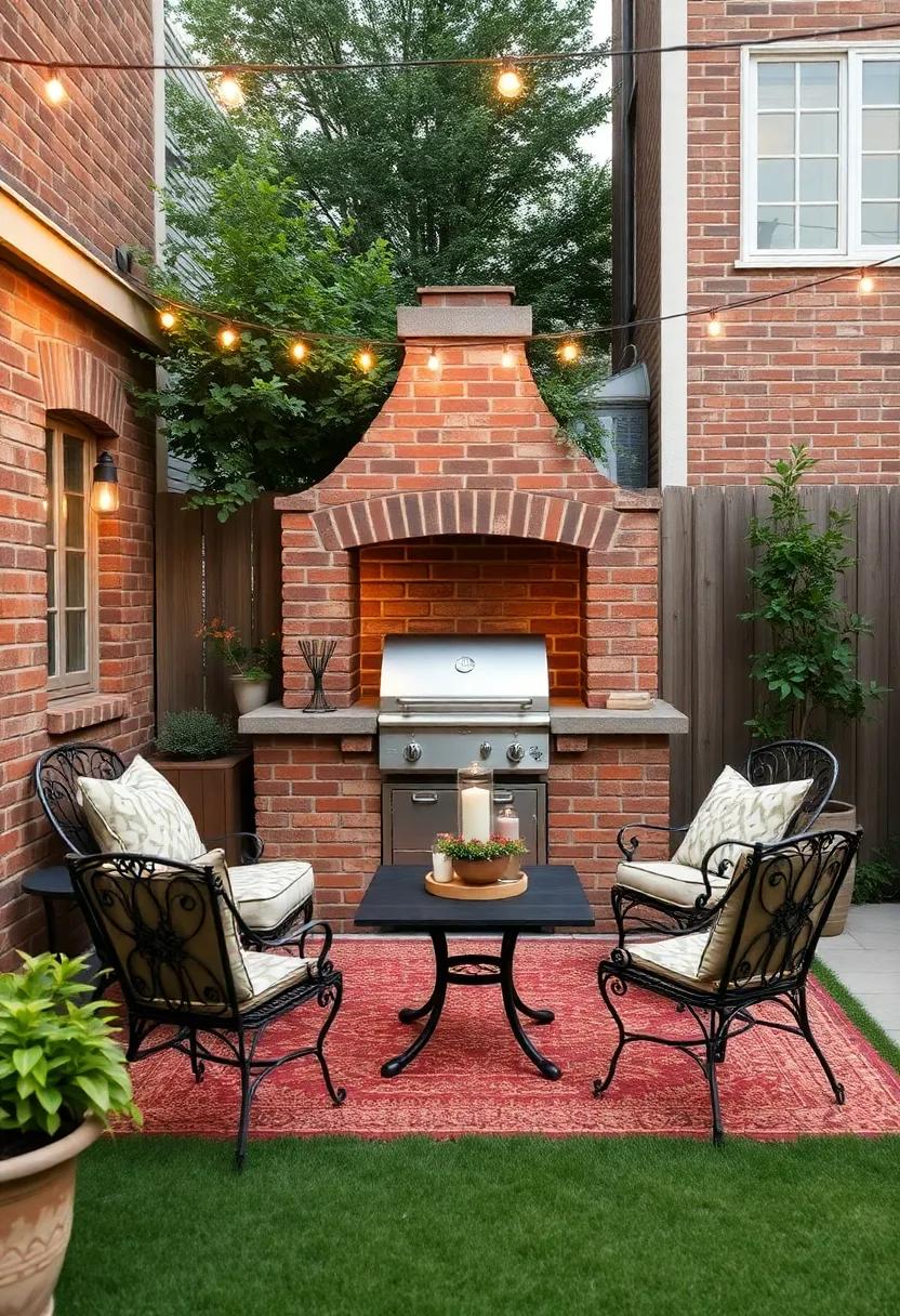 Vintage Charm with a brick BBQ: This quaint yard showcases an old-world brick BBQ station that exudes character, complemented by vintage furniture and twinkling fairy lights for evening gatherings