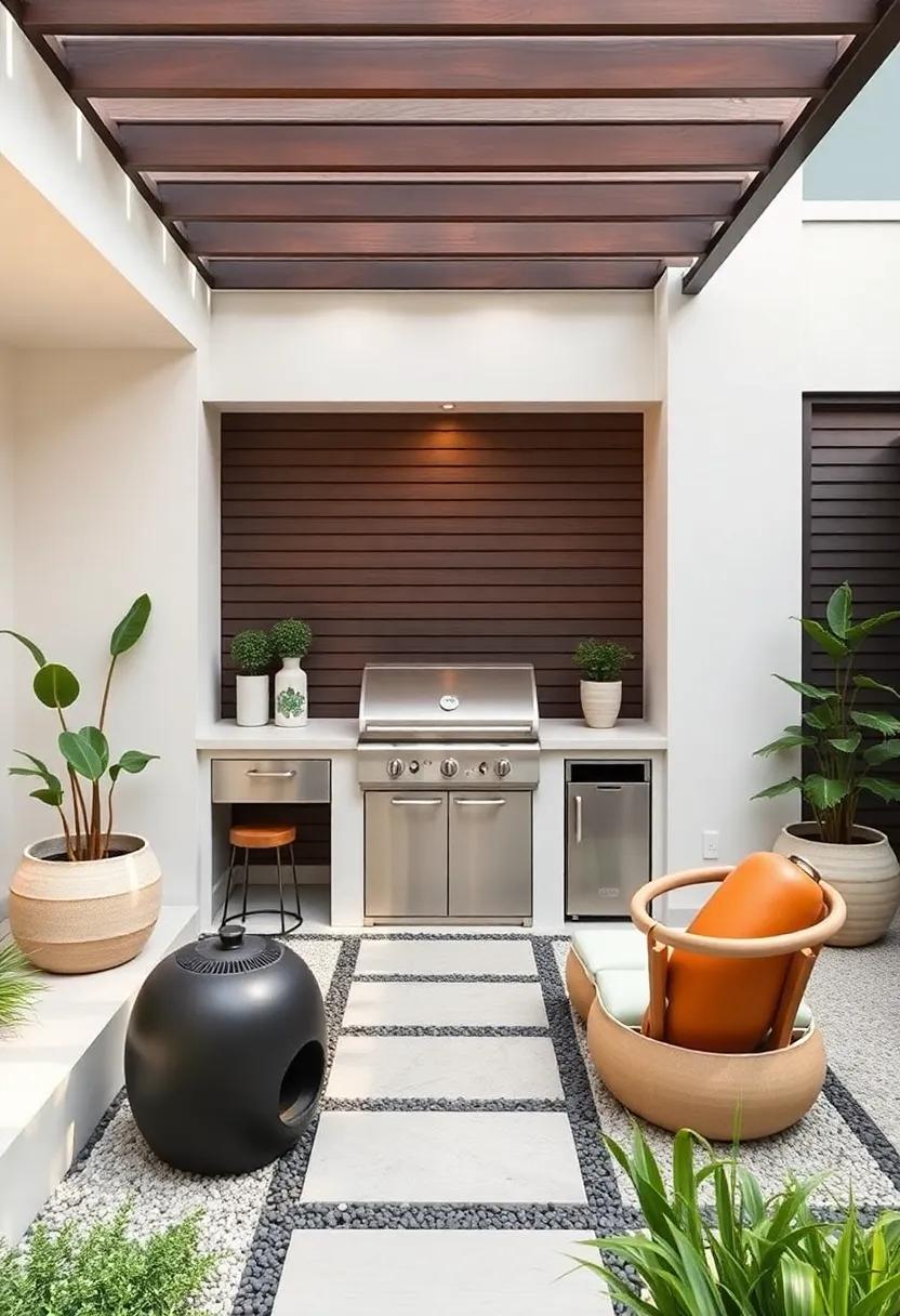 Contemporary Zen Space with Grilling options: A sleek modern BBQ station nestled within a zen garden creates an inviting atmosphere for serene cookouts and mindful gatherings