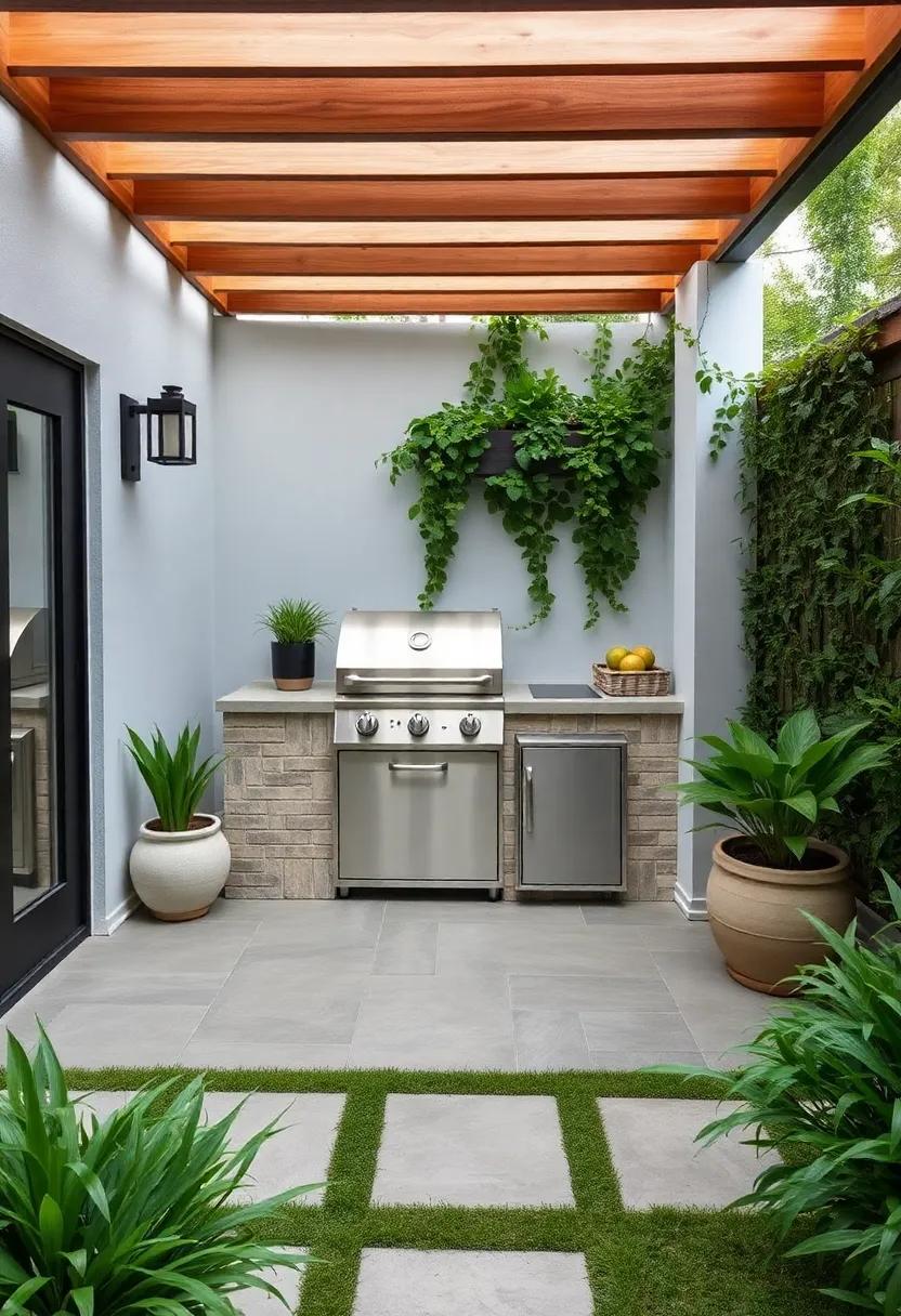 Eco-friendly Garden with a Solar Grill: Combining sustainability with style, this small outdoor space features a solar-powered BBQ station, proving that you can enjoy cookouts while being kind to the planet