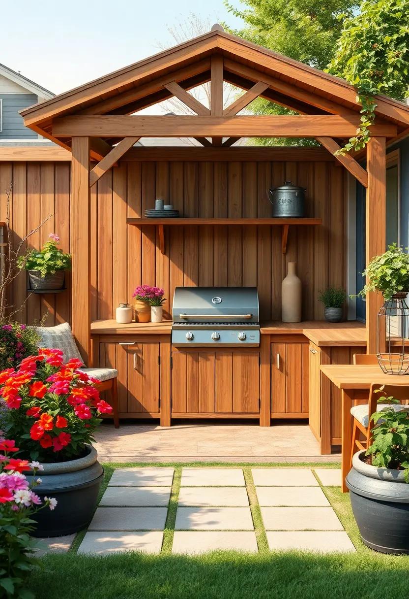 Garden Oasis with a Rustic Touch: Nestled among vibrant flowers, this wooden BBQ setup harmonizes with nature, creating a peaceful setting for grilling and enjoying fresh, seasonal meals