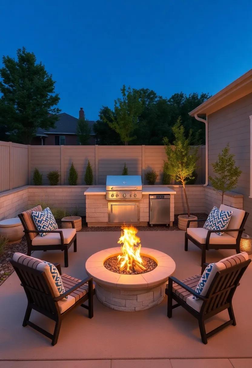 Serene Retreat with a Firepit and Grill: A tranquil garden setting boasts a built-in BBQ station adjacent to a cozy firepit, providing the perfect atmosphere for casual cookouts under the stars