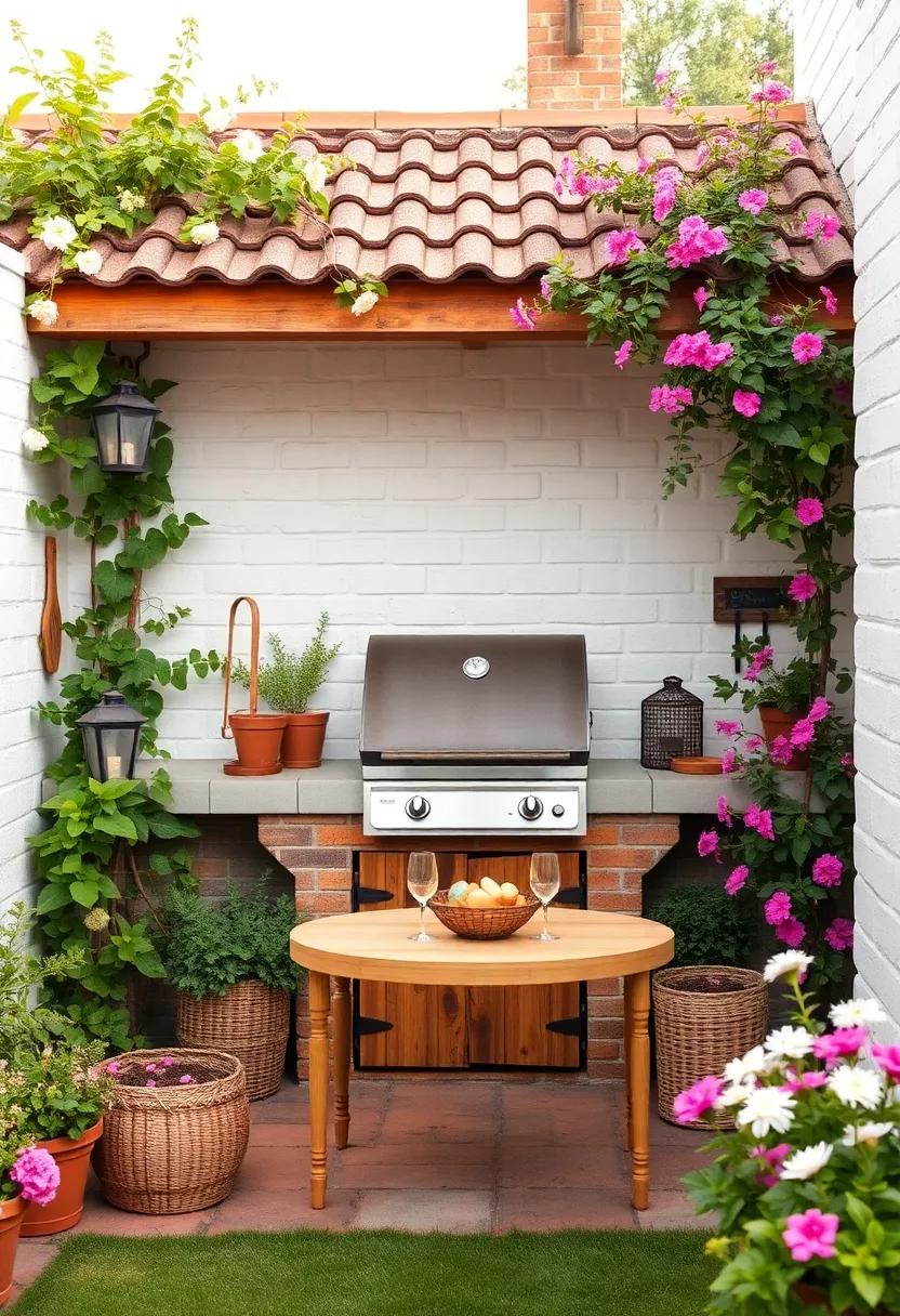 Charming Cottage Garden with Rustic BBQ: This quaint cottage backyard showcases a charming wooden BBQ surrounded by climbing vines and blooming flowers, fostering a garden party vibe