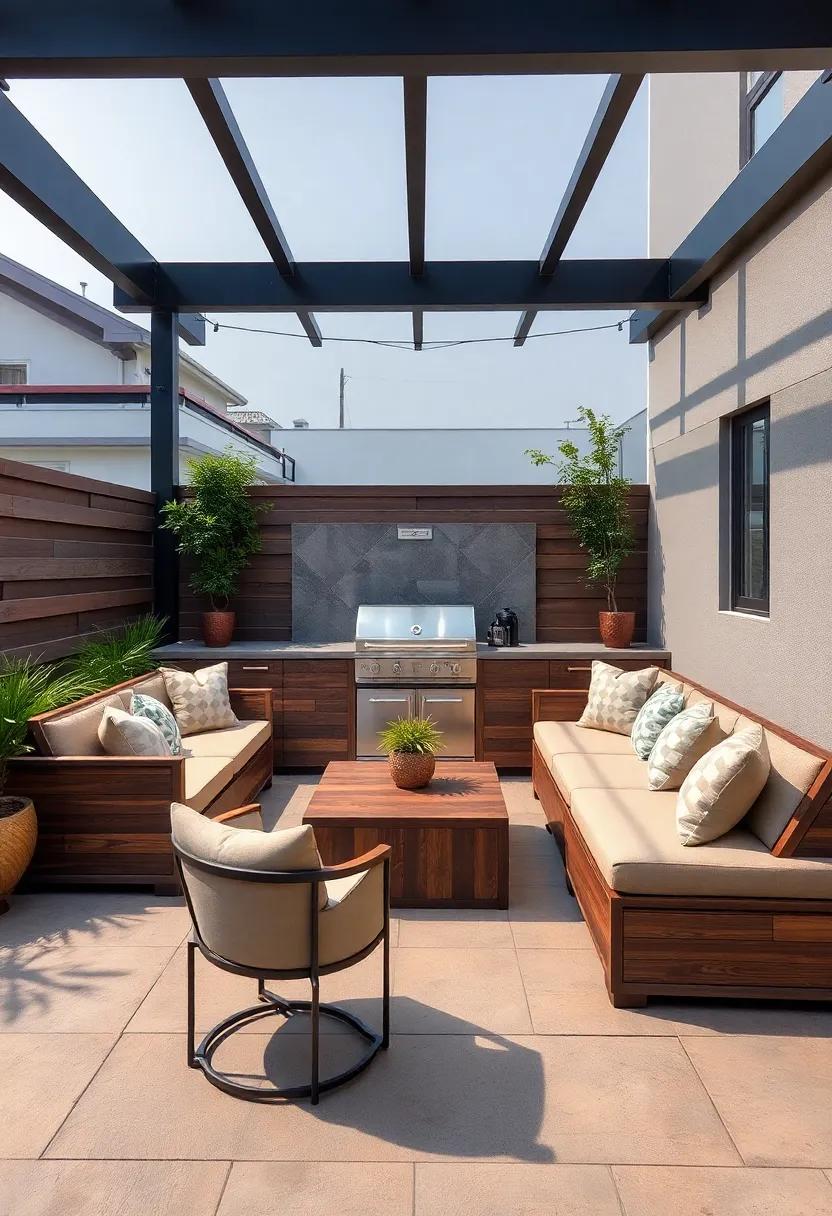 Versatile Outdoor Space with Modular Seating: This innovative design features a built-in BBQ combined with modular seating arrangements, allowing for flexible gatherings that adapt to any occasion