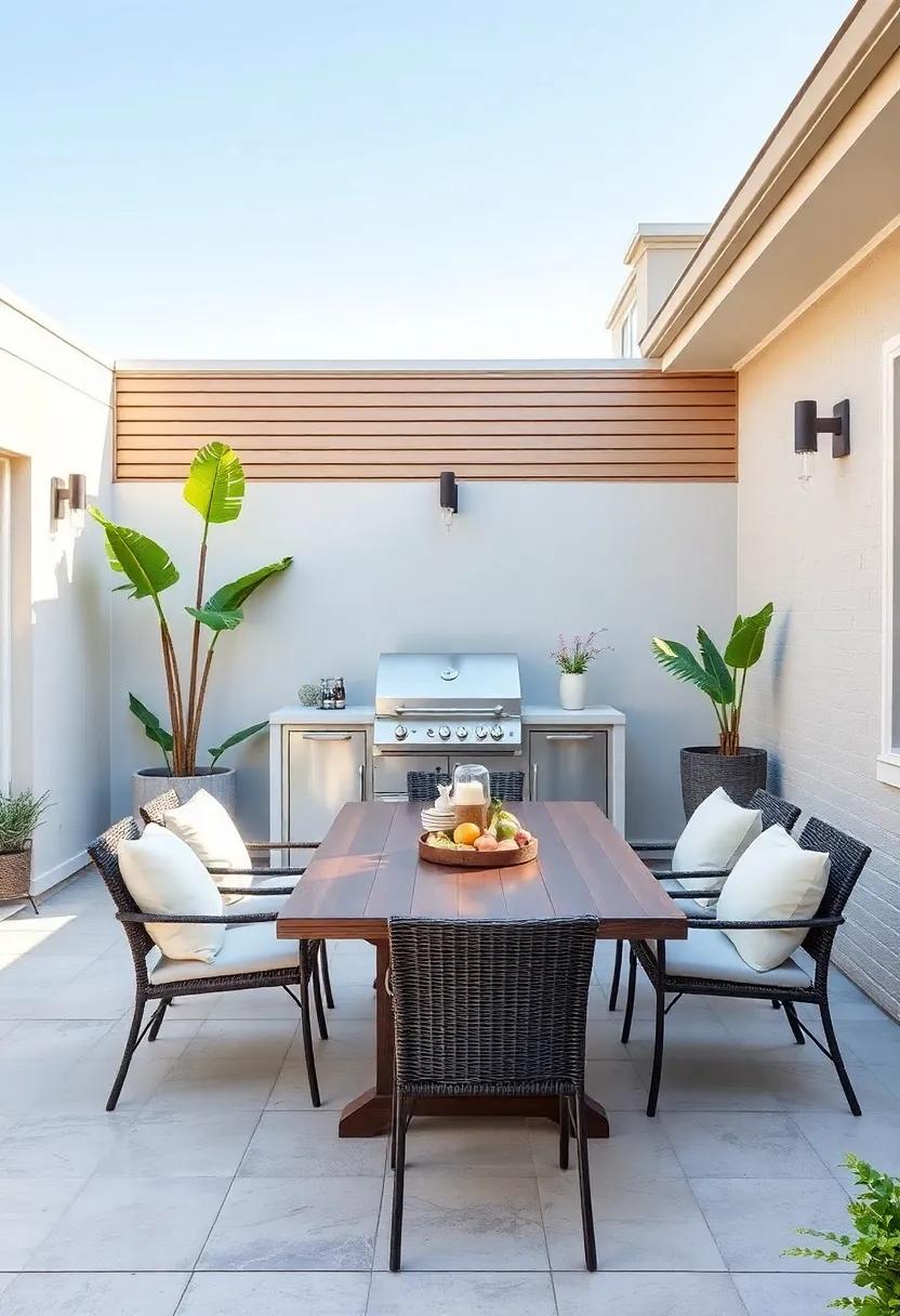 Chic Patio BBQ with Alfresco Dining: This stylish patio combines modern furniture with a sleek built-in BBQ, perfect for chic outdoor dining experiences with family and friends