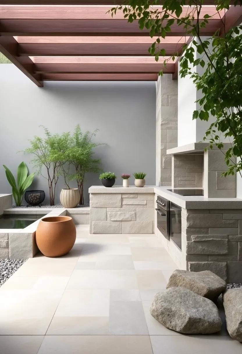 Zen-inspired Garden with Stone Grill: Featuring a tranquil water feature, this small garden incorporates a built-in stone BBQ that blends seamlessly with its peaceful atmosphere, perfect for mindful cooking