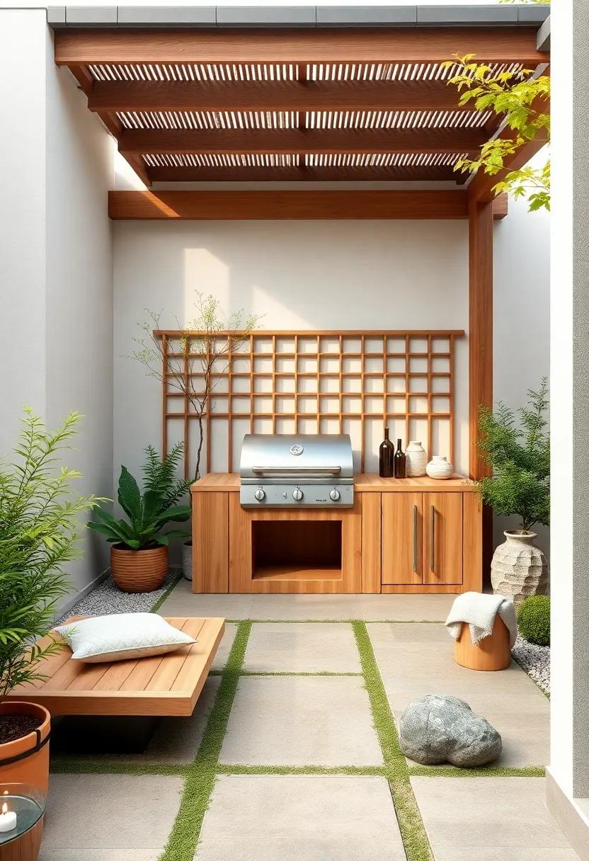 Japanese-inspired Patio with an Integrated Grill: This tranquil Japanese garden features a minimalist wooden BBQ setup, emphasizing simplicity and harmony while being surrounded by soothing natural elements