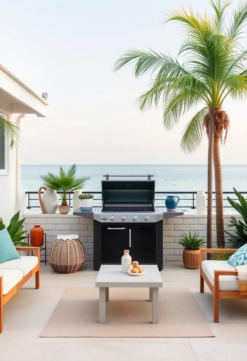 Coastal Vibe with a Portable Grill: In this serene coastal garden, a portable BBQ station invites spontaneous cookouts by the water, surrounded by beachy decor and palm trees