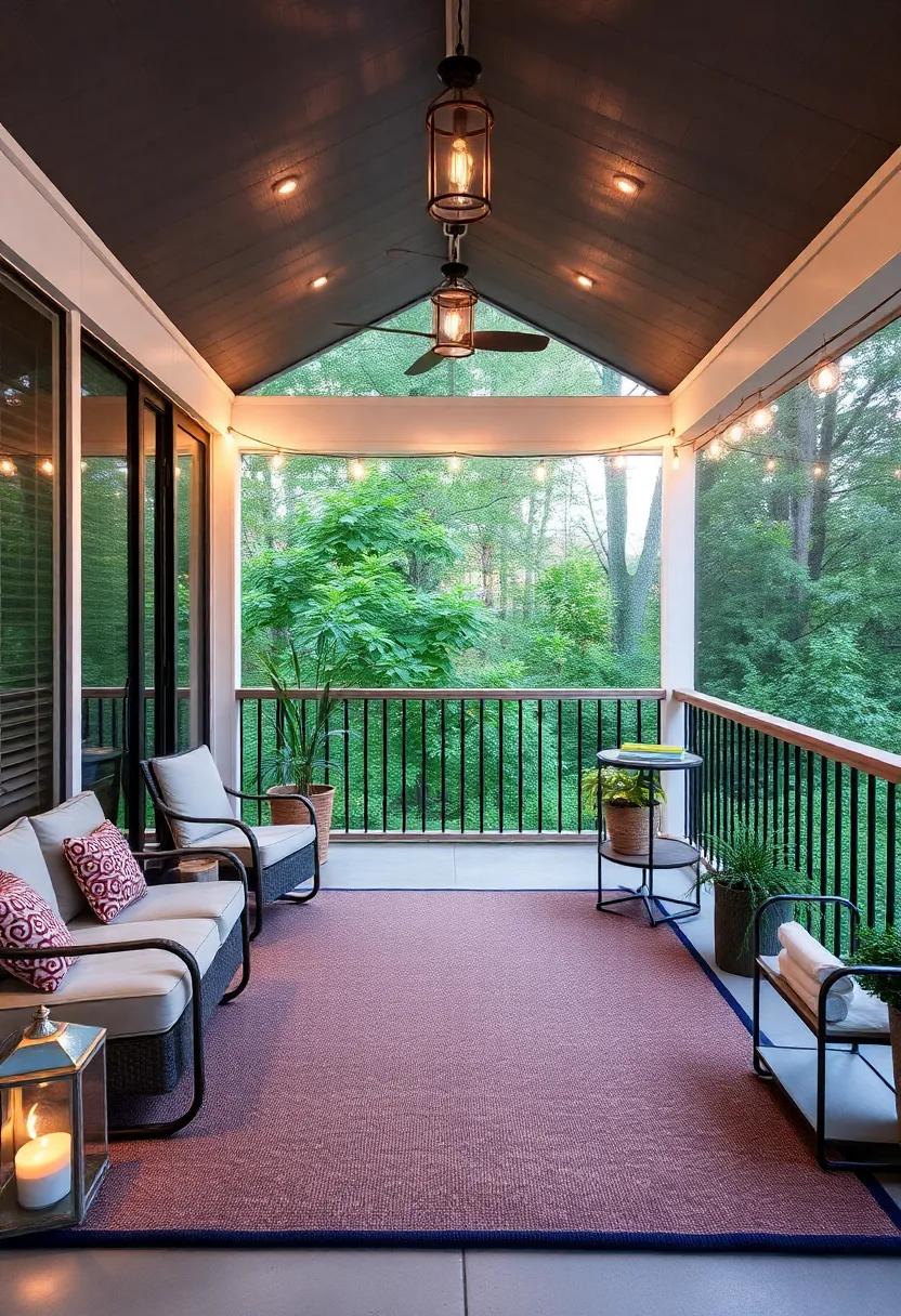 Setting the mood: Lighting Ideas for Small Screened Porches with⁣ Rugs