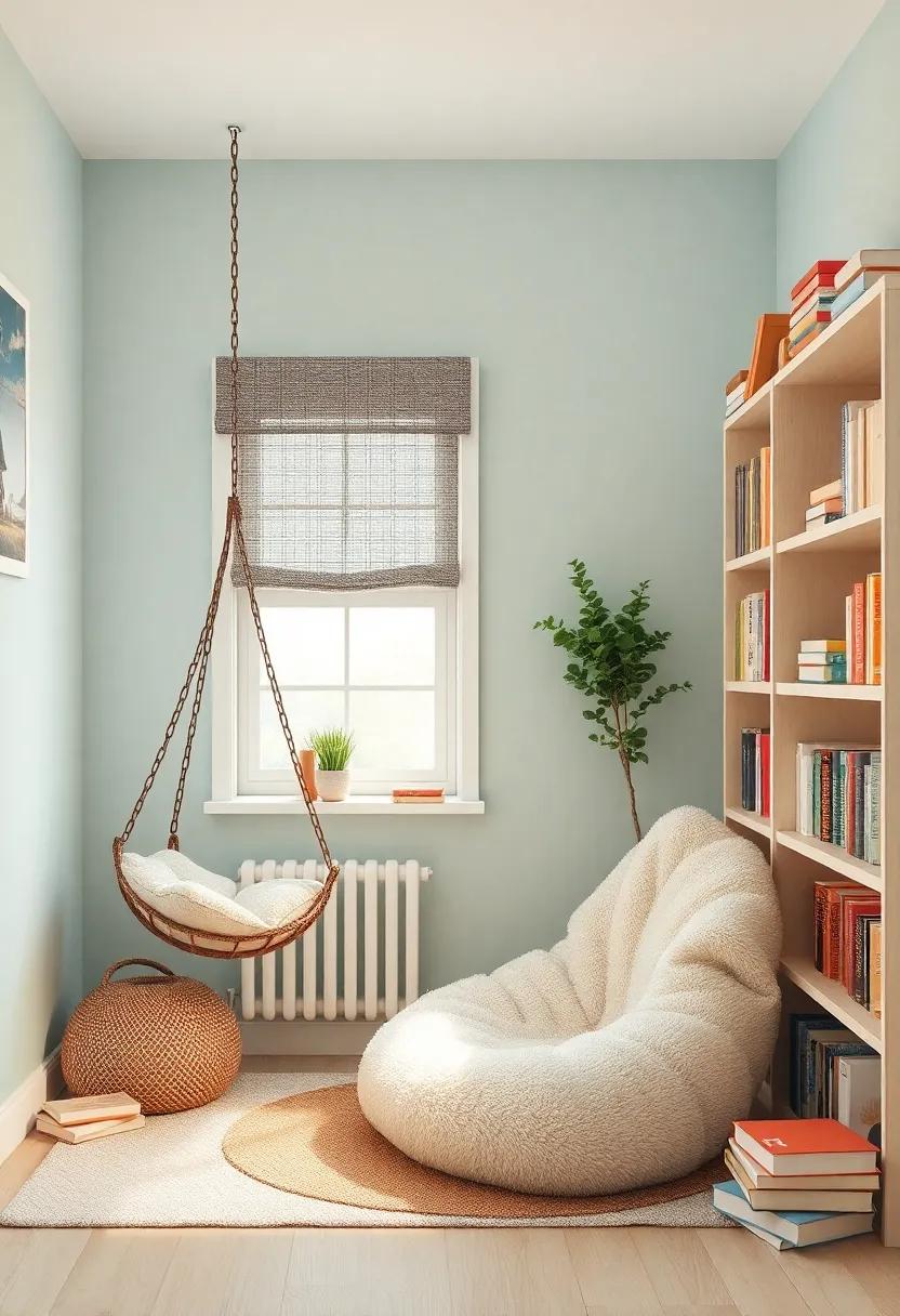 Cozy Reading nook: Design⁢ a cozy corner with a plush bean⁣ bag or a ⁣hanging chair, surrounded by shelves ⁤filled with⁤ favorite books