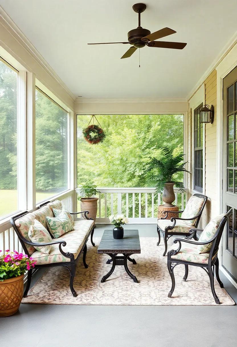 Vintage Charm: Antique Furniture and Floral Patterns in Screened Spaces