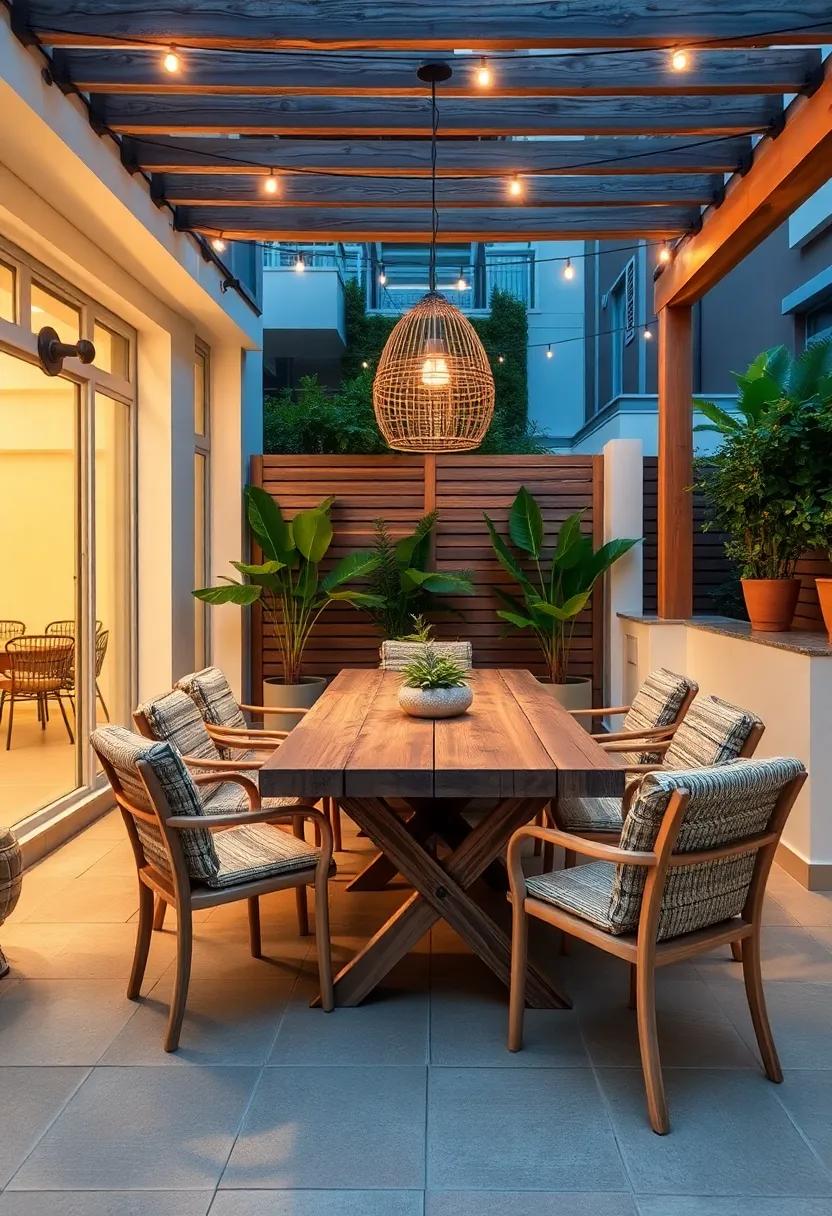 Outdoor dining Oasis: Create an inviting dining area by combining a rustic wooden table with comfortable chairs and ambient lighting for memorable meals