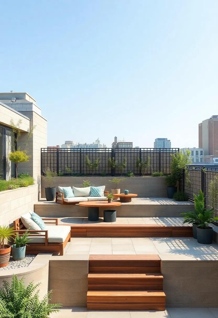 Terraced Levels: Design a multi-tiered patio for depth and visual interest, ideal for zoning different activities in your urban outdoor space