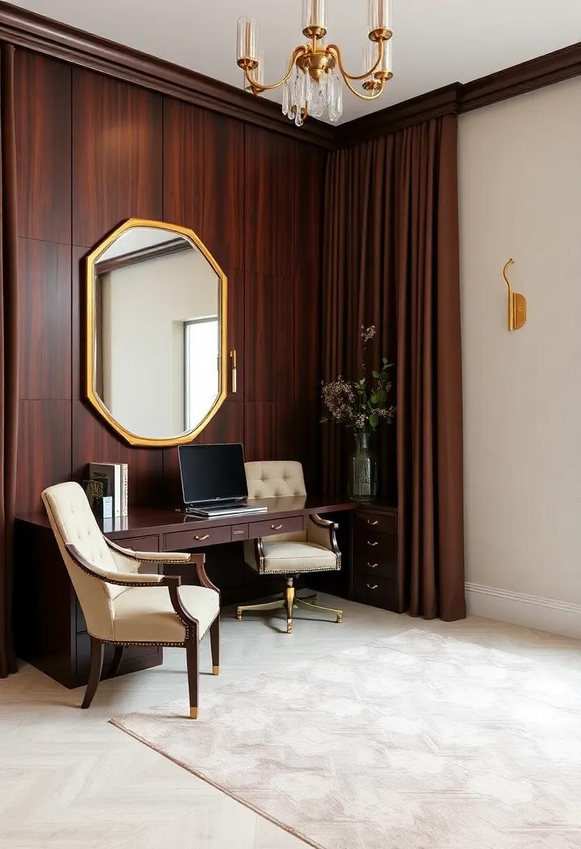Embrace the Elegance: Discover a home office draped in rich⁢ mahogany, with⁢ gold-framed mirrors​ that reflect the timeless sophistication of Art Deco design