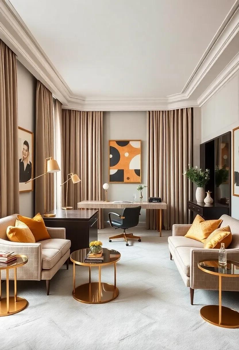 Luxe Layers: This stylish office showcases layers of plush ⁢textiles, from velvet ​curtains to golden cushions, proving that comfort can share a stage with opulence