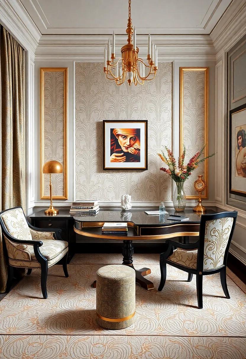 Opulent⁢ textiles: ​This office is a feast for the ‌senses, featuring sumptuous⁤ textiles with gold embroidery‌ that invites comfort ‍and style in‍ equal measure