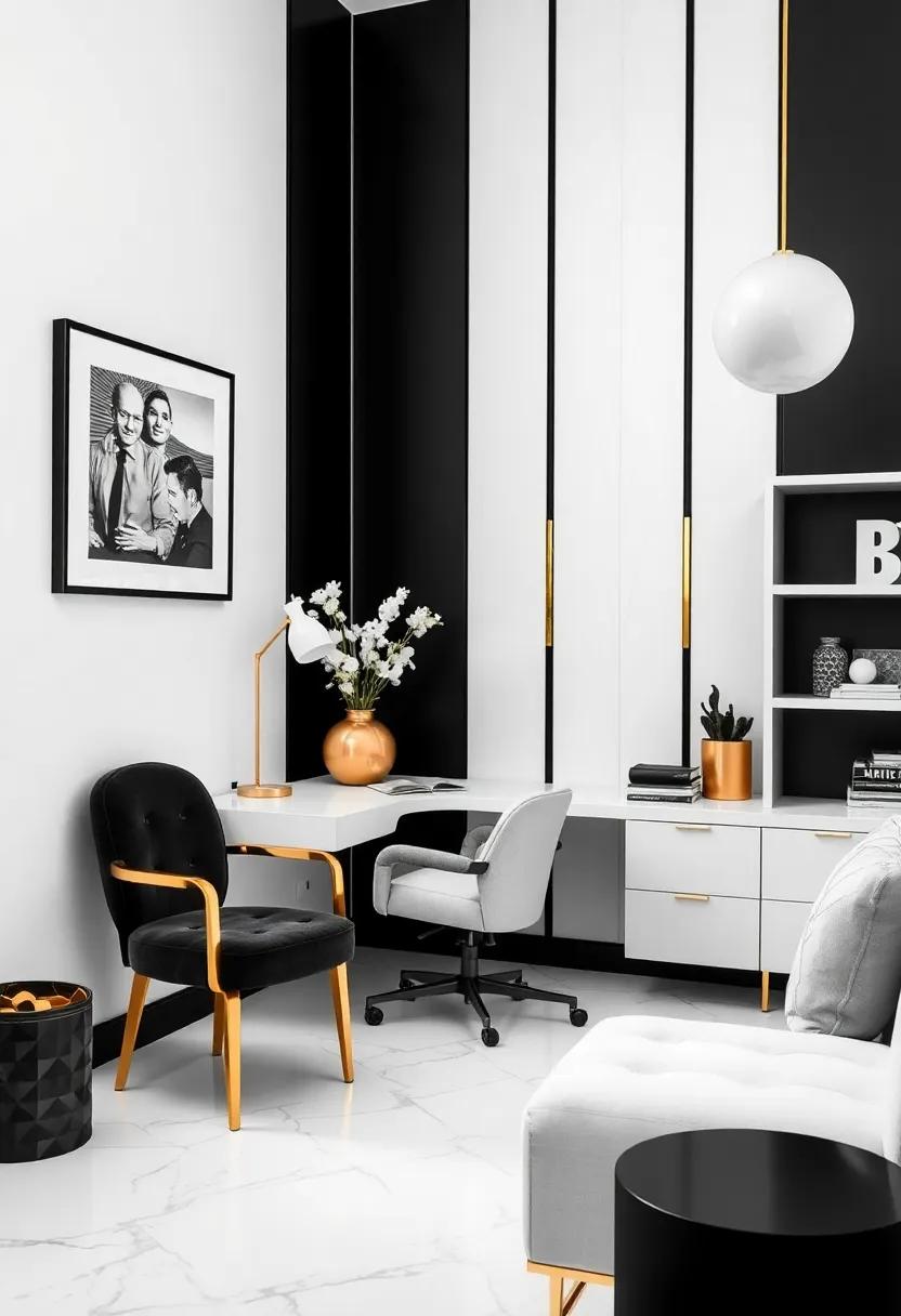 Monochrome ‌Magic: Dive into‍ a ⁤monochromatic ​scheme‌ where black and white⁤ are beautifully‍ contrasted with golden touches, highlighting ​the⁣ quintessential Art ⁤Deco​ aesthetic