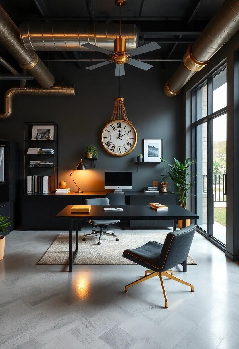 Industrial Elegance: This workspace combines raw industrial elements with refined ​gold ‌accents, showcasing​ a unique⁢ blend of⁣ styles that exudes‌ confident sophistication