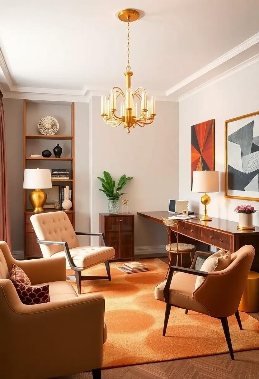 retro‌ Revival: find inspiration ⁢in a ‍retro-inspired home office filled with mid-century furniture adorned ‌with sophisticated ⁤gold accents ⁤for a stylish workspace