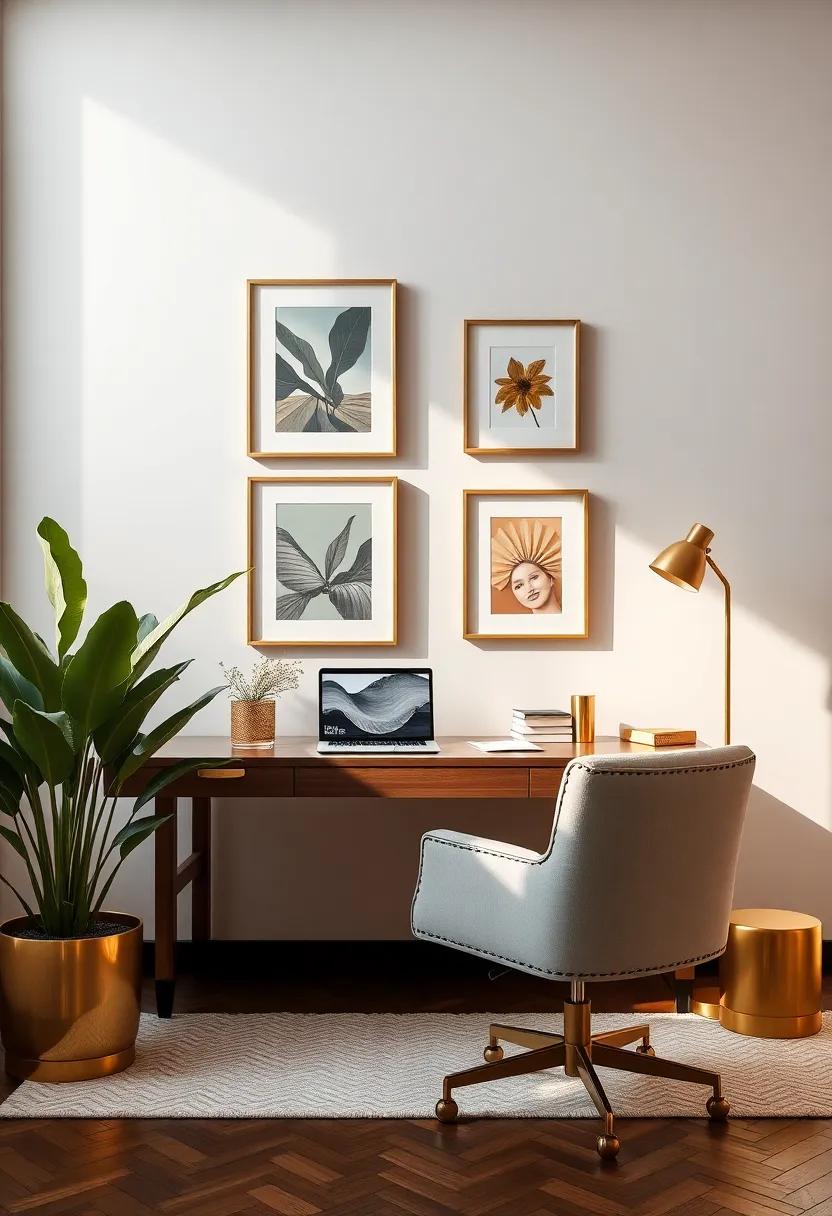 Personal Gallery: Transform your ‍office into a personal gallery with⁤ framed art pieces, surrounded by ⁢gold accents that continuously inspire creativity ⁣and passion