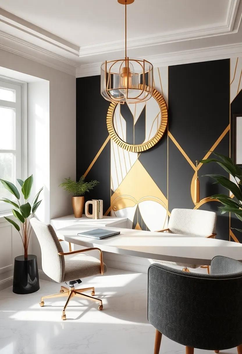 Geometric⁢ Glamour: Explore a workspace⁢ where bold geometric patterns meet luxurious gold accents,⁣ creating an inspiring ambiance‌ that sparks creativity