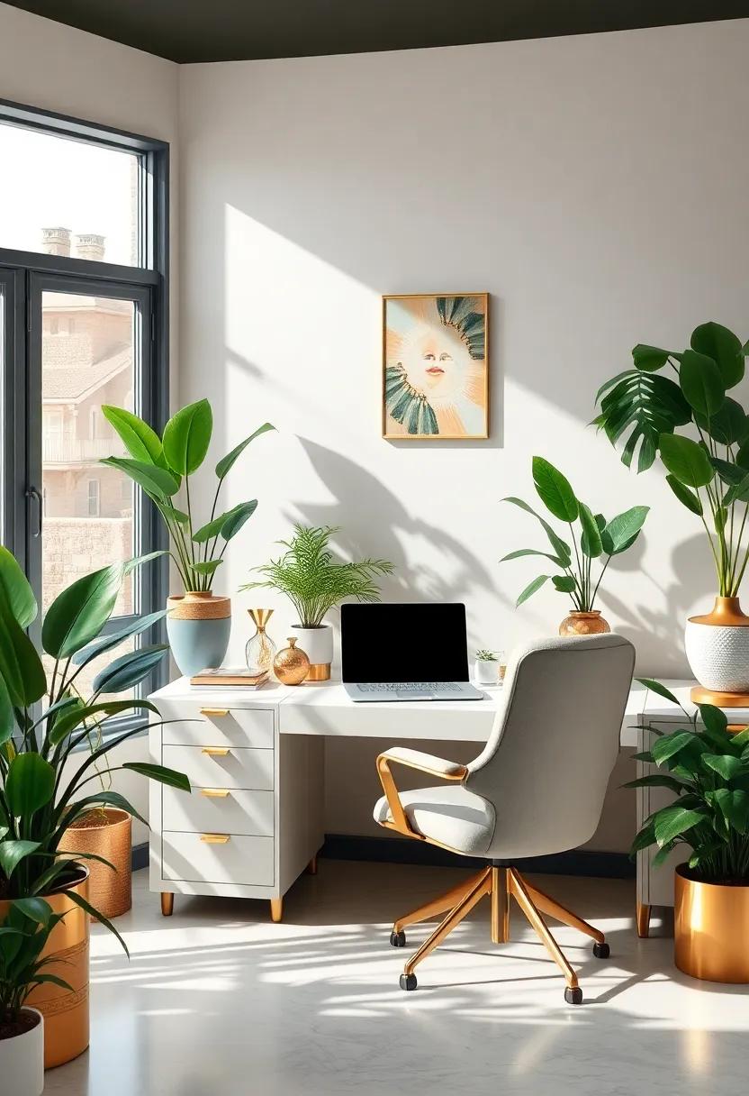 Nature Meets Glam: A harmonious‌ blend of indoor plants and golden decor creates a refreshing atmosphere that ​inspires both‌ tranquility and productivity