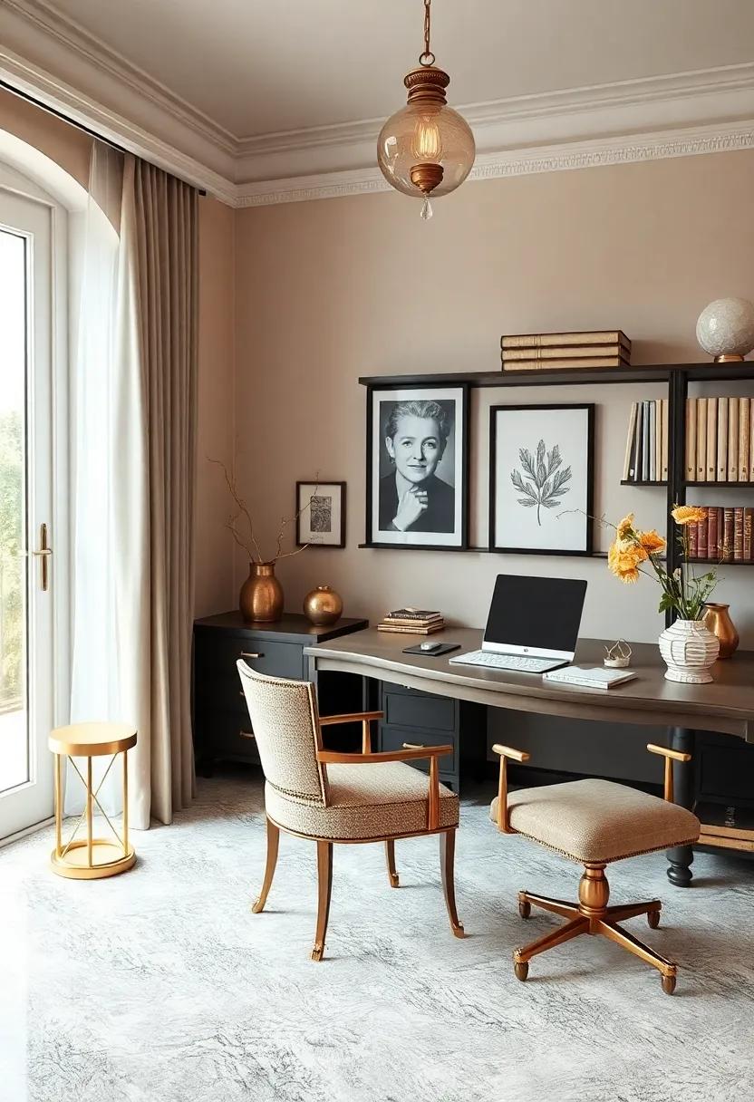 Vintage charm: Uncover a vintage-inspired⁣ workspace⁣ filled with antique gold​ accessories and elegant furniture that brings a ⁤sense of history into modern productivity