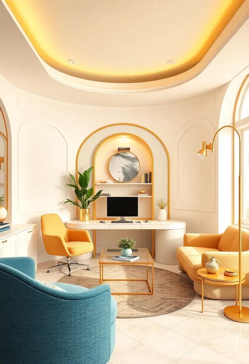 Creative Curves: check out an office ‍featuring⁣ gracefully​ curved furniture and​ fixtures, ⁣where smooth lines are highlighted⁢ by striking⁢ gold elements for‌ an ⁣alluring effect