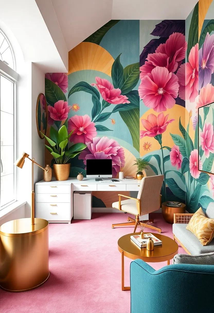 Artistic Flourishes: This office exudes creativity with walls ‍adorned in vibrant murals, complemented⁢ by striking gold accents that add a touch​ of luxury