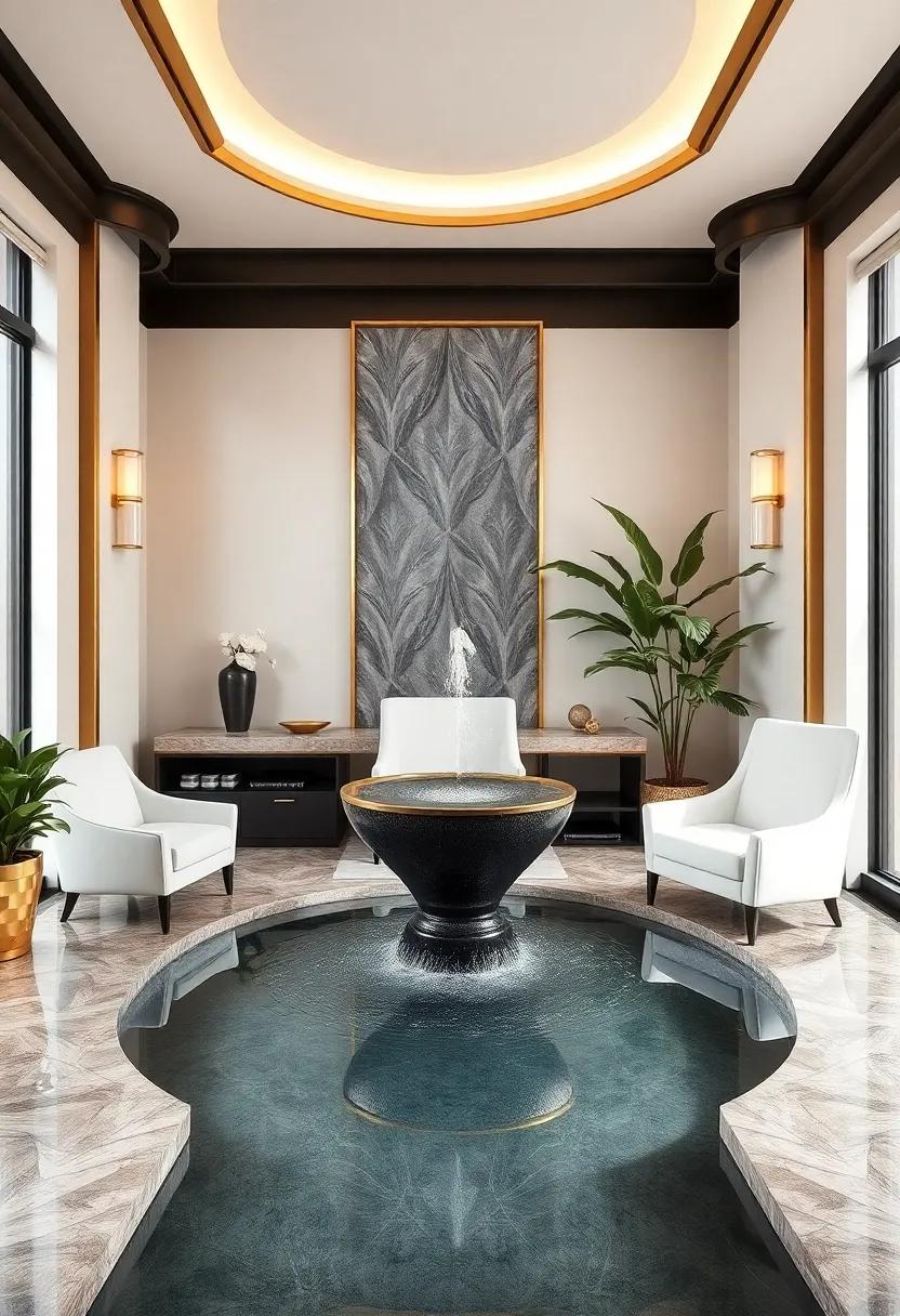 Indoor Water Features: A serene ⁤home office features an ​indoor water fountain that complements gold accents, creating an⁤ environment of calm and⁤ clarity suited for deep concentration