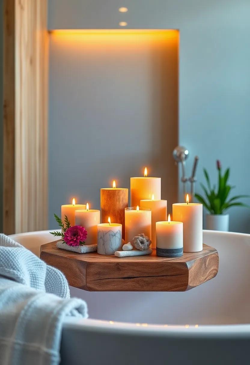 Relaxing Candle Arrangement:​ Curate a collection of candles in ​various sizes and scents to set‌ a calming ambiance for your bath time rituals