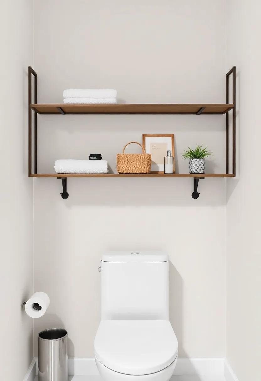 Stylish Metal Railing Shelves: ​Open metal railing shelves introduce an airy feel while providing a place for soft accessories or decor