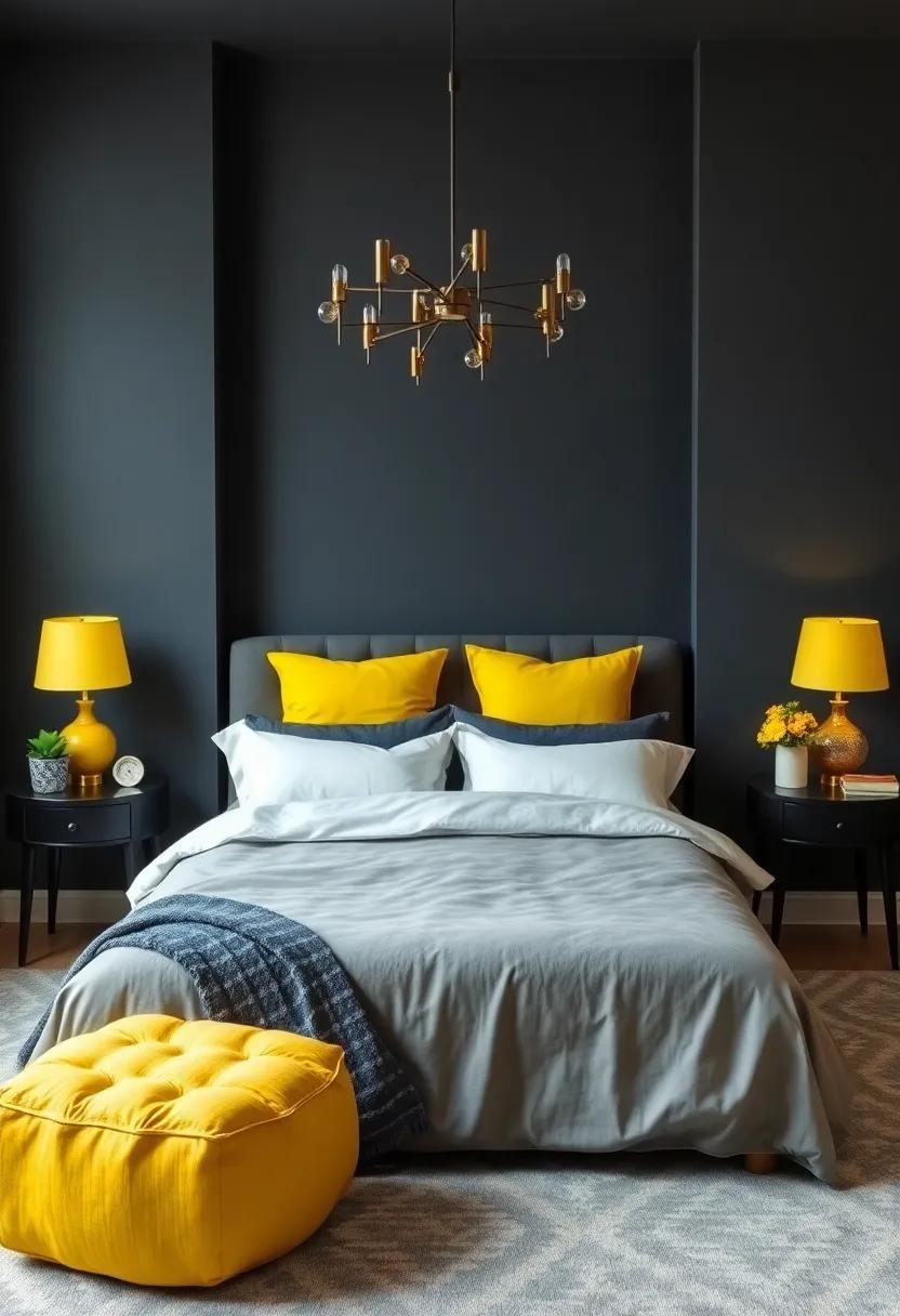 Charcoal ​with Electric Yellow Highlights: Use moody charcoal walls and‌ incorporate striking electric yellow accessories for an energetic yet sophisticated bedroom