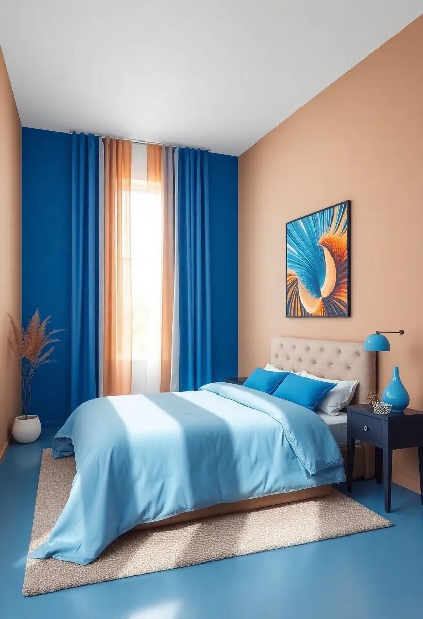Electric Blue and warm Taupe: Bring excitement to your sleeping space by contrasting electric blue hues ‍against warm taupe tones for visual intrigue