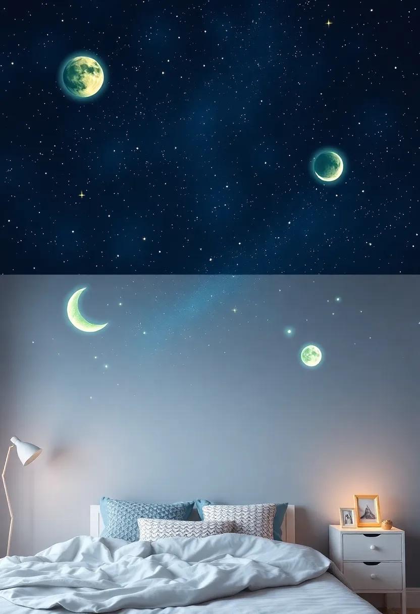 Starry Night Sky: Transform your ceiling into a night sky with glow-in-the-dark stars and moons, adding a magical touch ‌to‌ your bedtime routine
