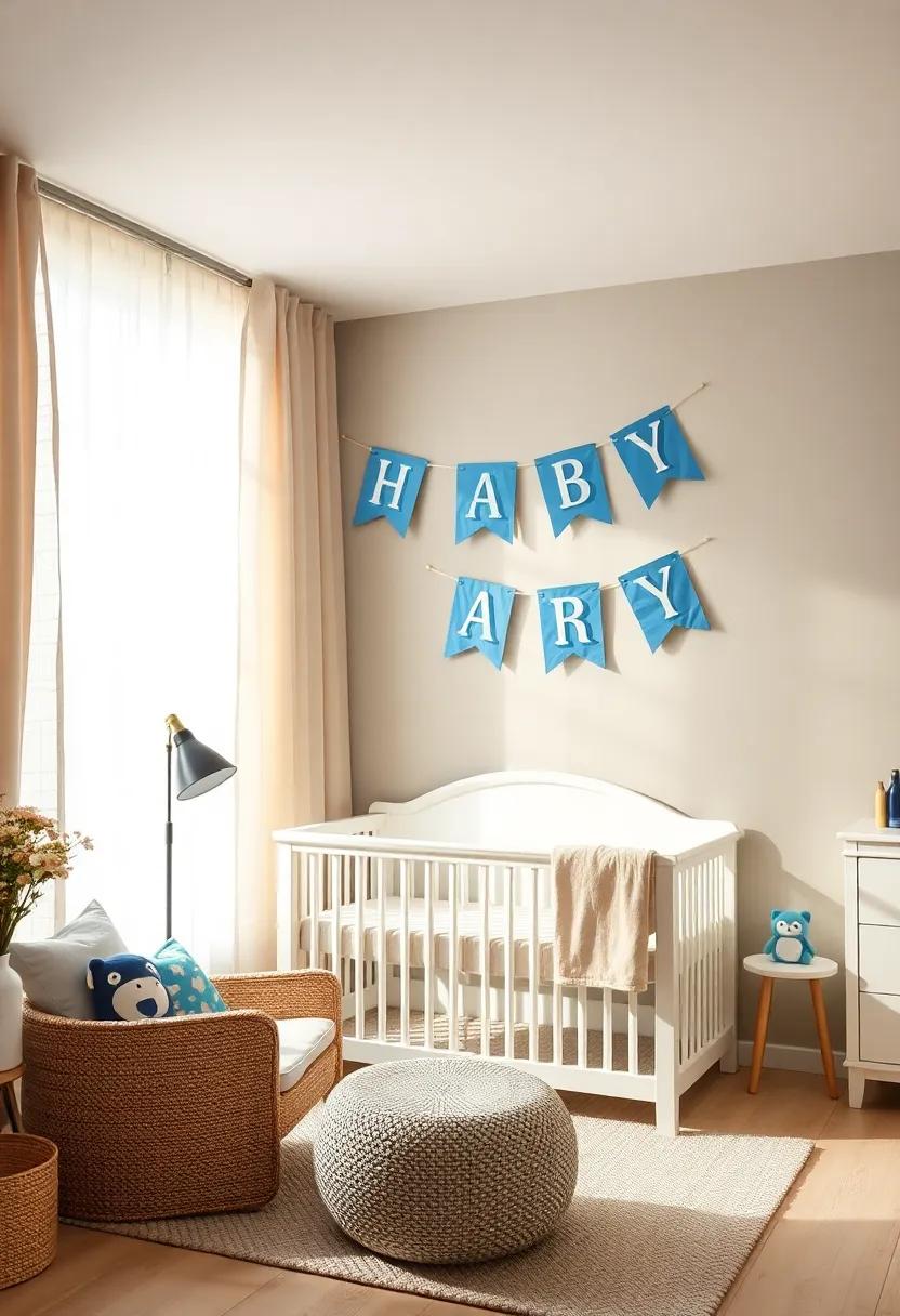 Personalized Name bunting: Create a custom bunting in blue lettering‌ against‍ beige fabric, personalizing the ⁣space while adding charming ⁢decor