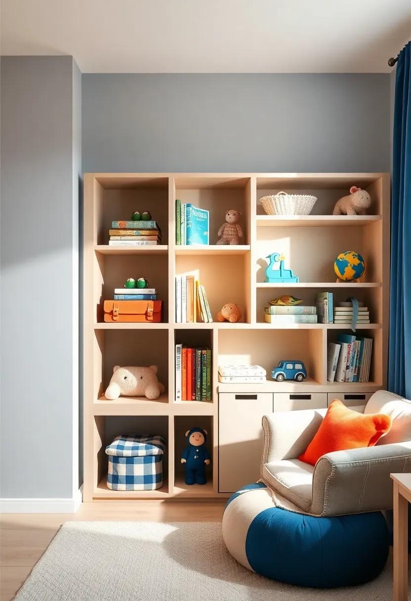 Cubby-style Storage Units: Employ cubby shelving in beige, making it easy to organize toys and books while keeping the space looking clean and curated